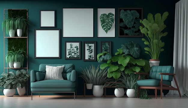 Potted plants decorate living room with green color walls with art gallery frame Generative Ai