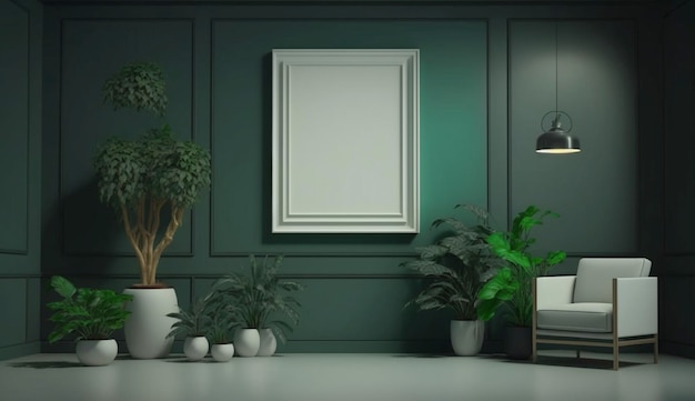 Potted plants decorate living room with green color walls with art gallery frame Generative Ai