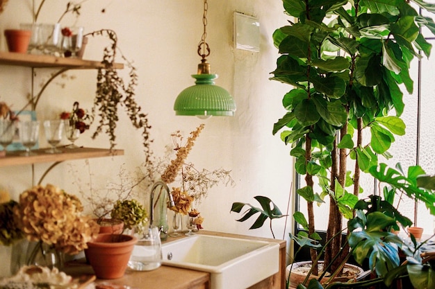 家の壁にぶら下がっている鉢の植物