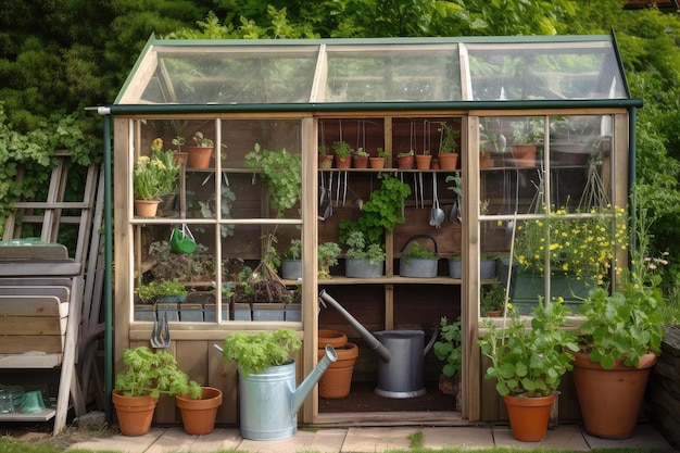 庭の小屋の温室で育つ鉢植えの植物とハーブ