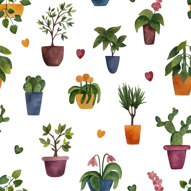 Potted plants seamless pattern watercolor illustration