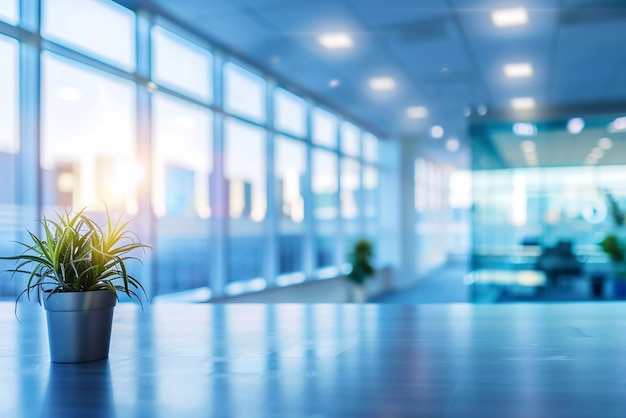 Photo potted plants on the table background with natural light bokeh at work space interior background