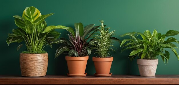 Potted plants on a wooden table against a green wall with copy space