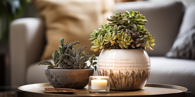 Photo potted succulent in cozy living room banner with space for text