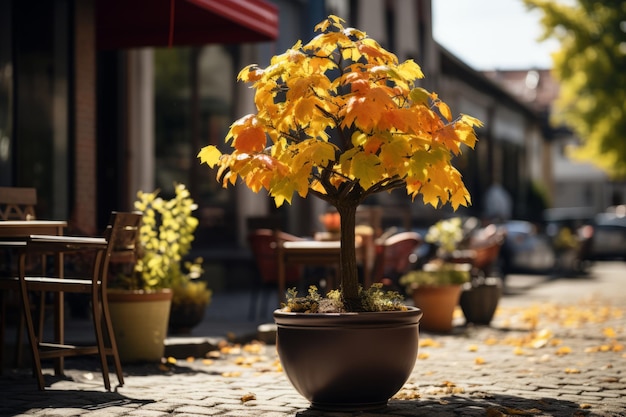 a potted tree with yellow leaves on the side of the street