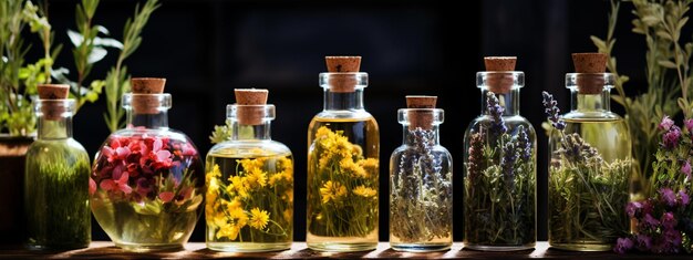 potten met essentiële olie van geneeskrachtige bloemen op een houten tafel