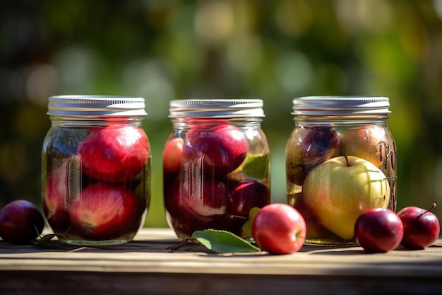 Potten met pruimen op een tafel met appels erin