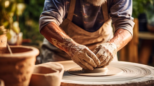 Foto pottenbakkerij met klei op een roterend pottenbakkerswiel