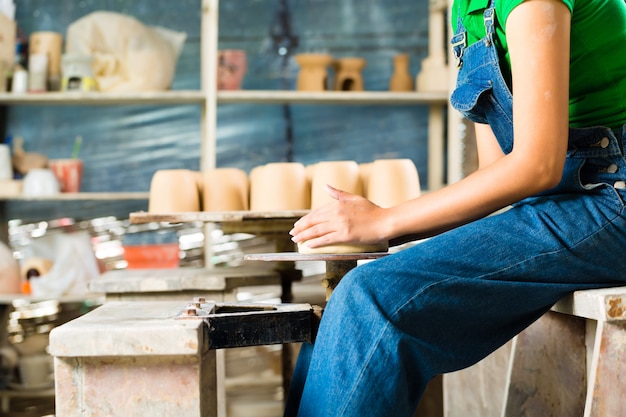 Potter creating clay bowl on turning wheel