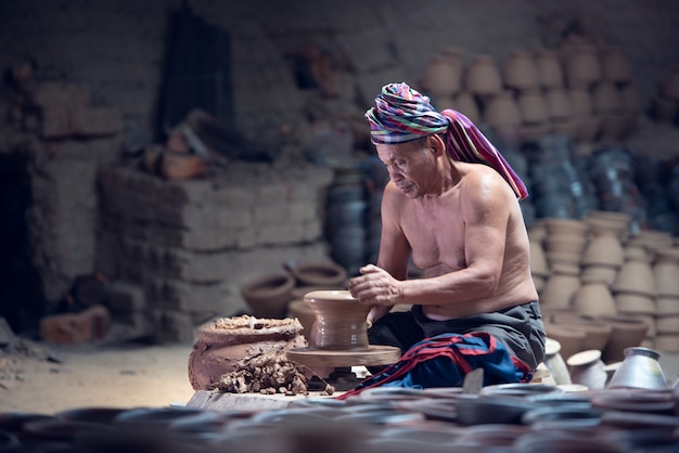 Potter doing pottery on a Potter wheel in the factory