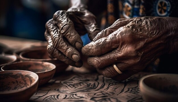 Foto la mano del vasaio modella abilmente l'argilla in bellissime creazioni di terracotta all'interno generate dall'intelligenza artificiale