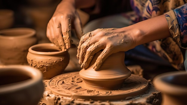 Potter modeling ceramic pot from clay on a potter39s wheel Pottery Craftsperson turning clay