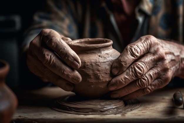粘土の塊を成形する陶芸家の手