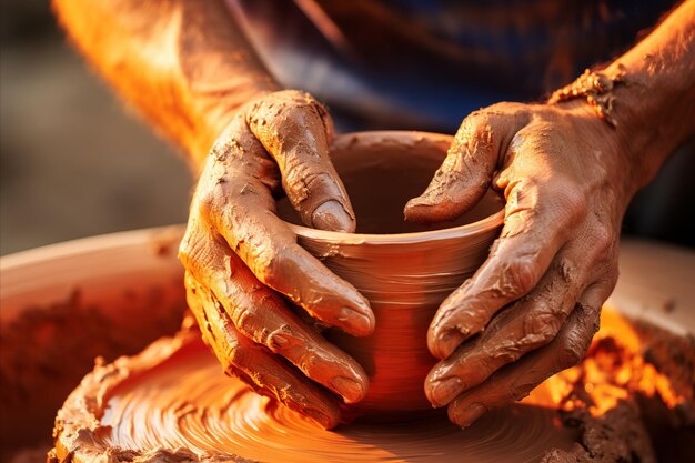 Potter s hands shaping vibrant textured clay in bright natural light