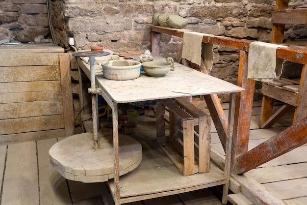 Potter's workshop A working table with clay and a potter's wheel