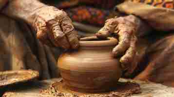 Photo a potter using their hands to shape clay into a jar on a spinning wheel