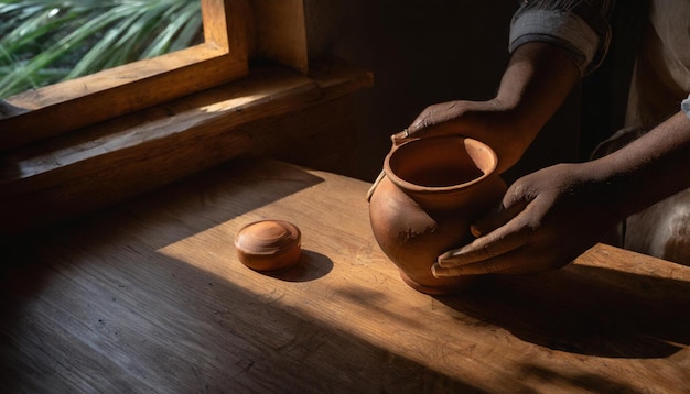 potter working with mud and clay on potters wheel