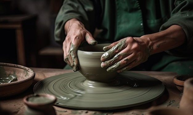 Керамик работает за гончарным колесом, делая миску из глины генеративного ИИ