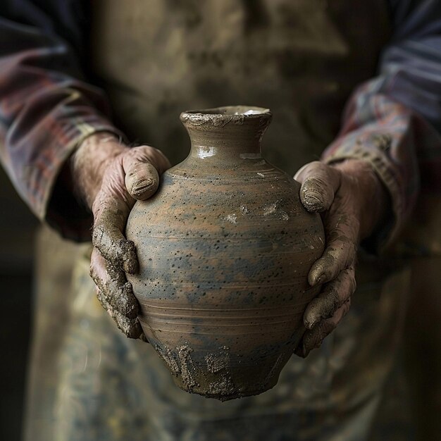 The potters masculine hands shape the vase