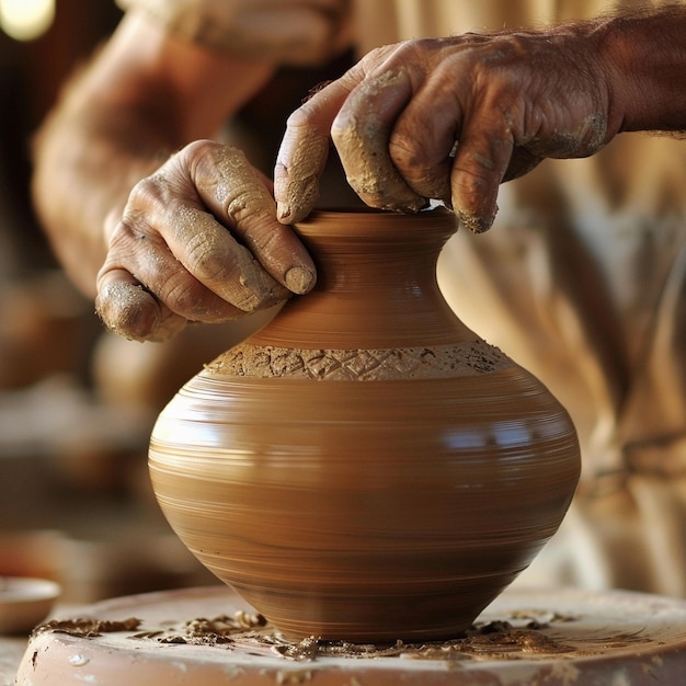 The potters masculine hands shape the vase