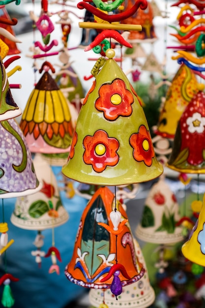 Pottery Bells for Sale on a Market Stall in Bergamo