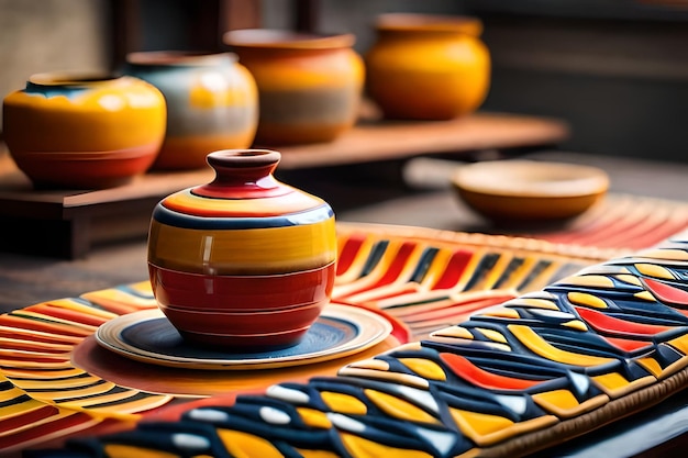 Photo pottery displayed on a table in a shop.