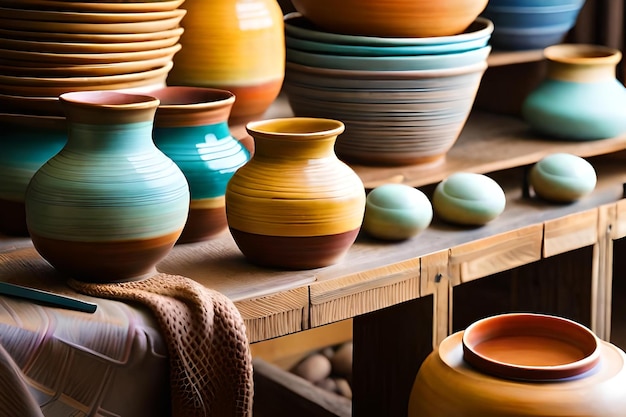 pottery on a shelf in a shop