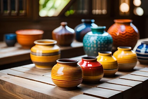 pottery on a wooden table with a window in the background