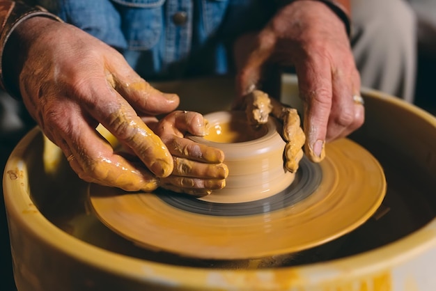 Pottery workshop. Grandpa teaches granddaughter pottery. Clay modeling.