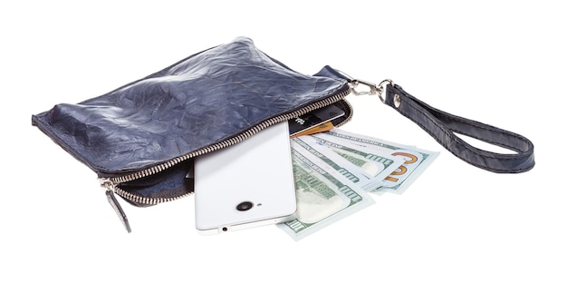 Pouch bag with phone cards and dollars isolated