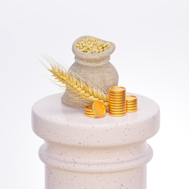 Pouch of wheat with a spikelet and golden coins on a stone column 3d illustration of a commodity