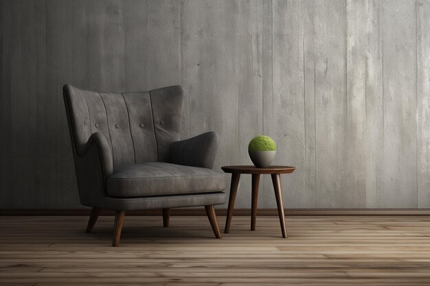 Photo pouf and gray armchair in spacious living room interior with plants and sofa near wooden table