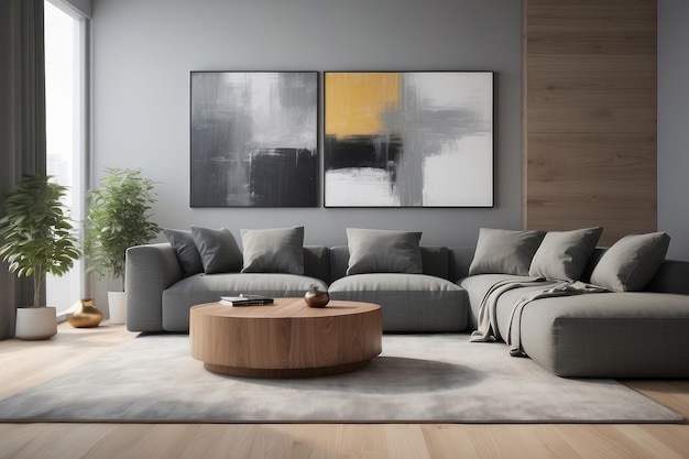 Pouf and wooden table in modern living room with painting above grey corner couch