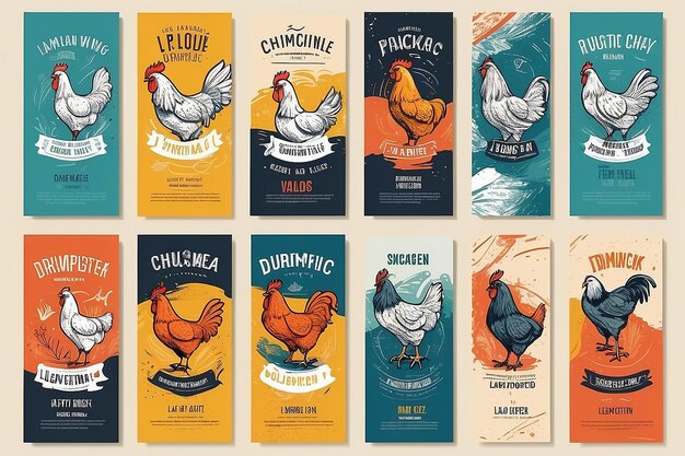 Foto poultry abstract vector packaging labels design set moderne typografie banner handgetekende kippenvleugel
