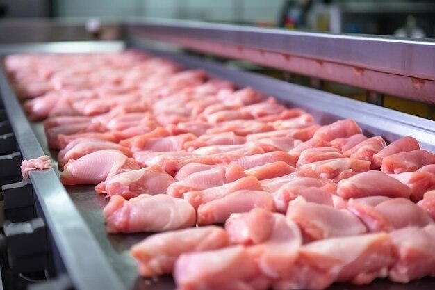 写真 鶏肉生産のための養鶏場 鶏肉の工業生産と包装 ワークショップのコンベア上の鶏肉のフィレとヒレ肉 現代の食品産業