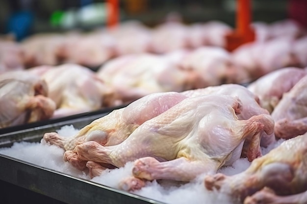 Poultry farm production of chicken meat Industrial production and packaging of chicken meat Chicken carcases and tenderloin modern food industry