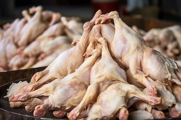 Poultry farm production of chicken meat Industrial production and packaging of chicken meat Chicken carcases and tenderloin modern food industry