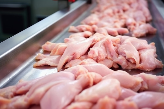 Poultry farm production of chicken meat Industrial production and packaging of chicken meat Chicken carcasses and tenderloin modern food industry