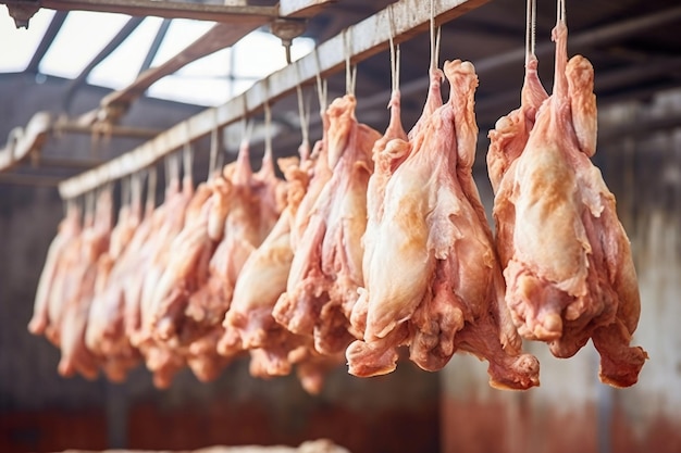 Poultry farm production of chicken meat Industrial production and packaging of chicken meat Chicken carcasses and tenderloin modern food industry