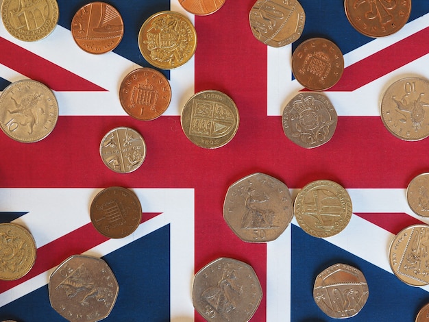 Pound coins, United Kingdom over flag