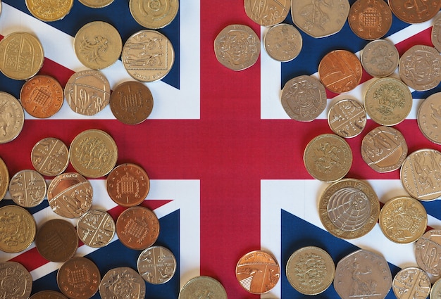 Pound coins, United Kingdom over flag