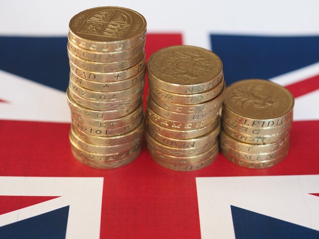 Pound coins, United Kingdom over flag