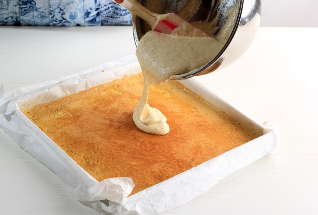 Pour Batter to the Pan with Fresh Baked Layer Cake Step by Step Making Lapis Legit