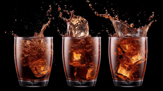 Pour ice cubes into cola soda cold tea or coffee air bubbles in a glass cup when a drink splashes generative AI