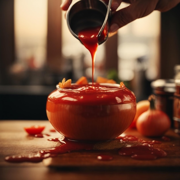 Foto versare il ketchup sulla cipolla in stile foto commerciale 8k realistico