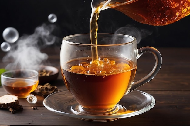 Pouring Amber Tea with Bubbles and Steam