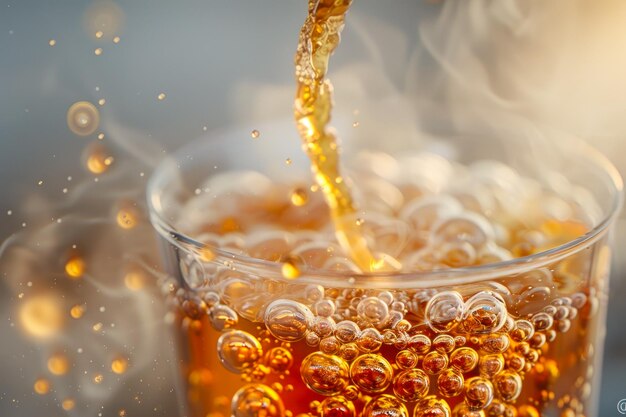 Pouring Amber Tea with Bubbles and Steam