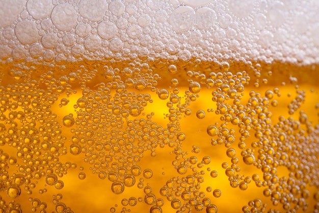 Pouring beer with bubble froth in glass for background Summer drink texture