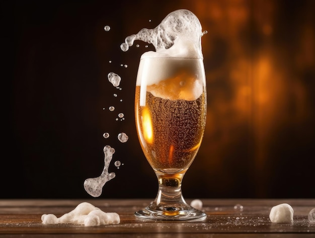 Pouring beer with bubble froth in glass