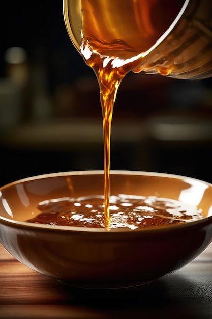 Photo the pouring of caramel sauce into a bowl